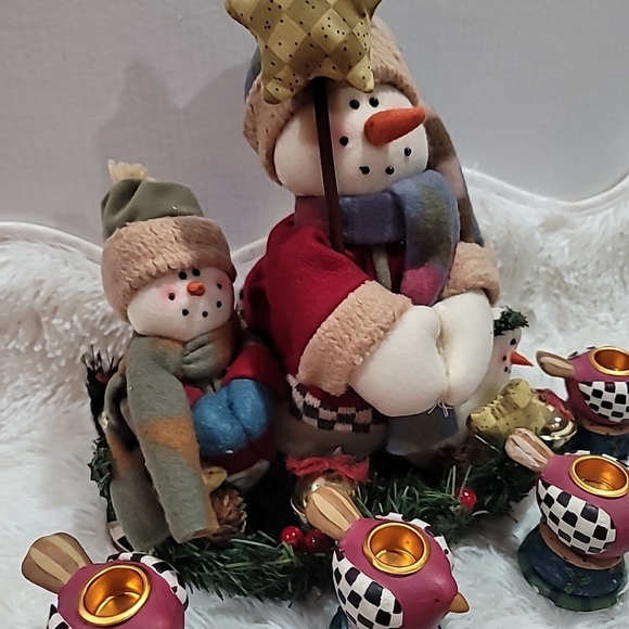 Vintage Fabric Snowman Family Centerpiece With Bird Candle Holders, 13" Tall New - Picture 7 of 8